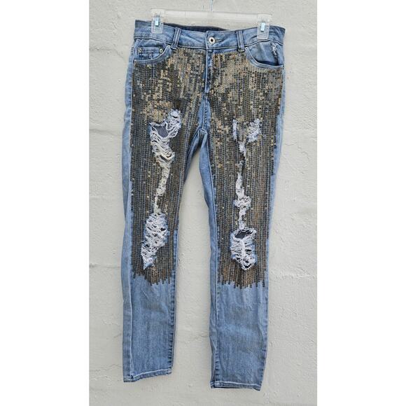 Vtg Y2K Litz Jeans 29 Extreme Distressed Glitzy Metallic Sequin Straight Leg - Picture 1 of 12